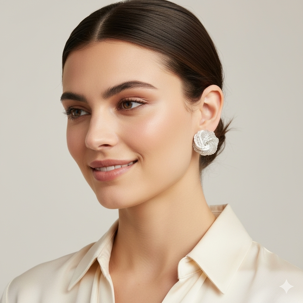 White & Clear Seed Bead Knot Clip-On Earrings
